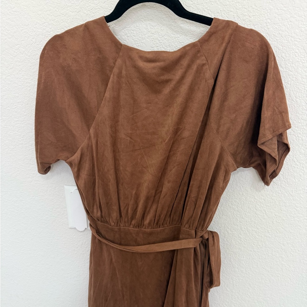Miss Me Faux-Suede Wrap Dress Flutter Sleeves Mocha Brown Size Medium M NEW - Picture 8 of 10